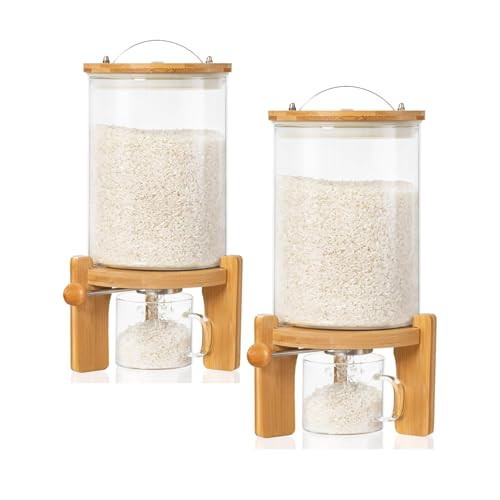 HBlife 5-7 Lbs Glass Rice Dispenser with Wooden Stand Flour and Cereal Container with Glass Measuring Cup Pantry Food Organization Storage Bin with Airtight Bamboo Lid, 3L (2 Pack) | Amazon (US)