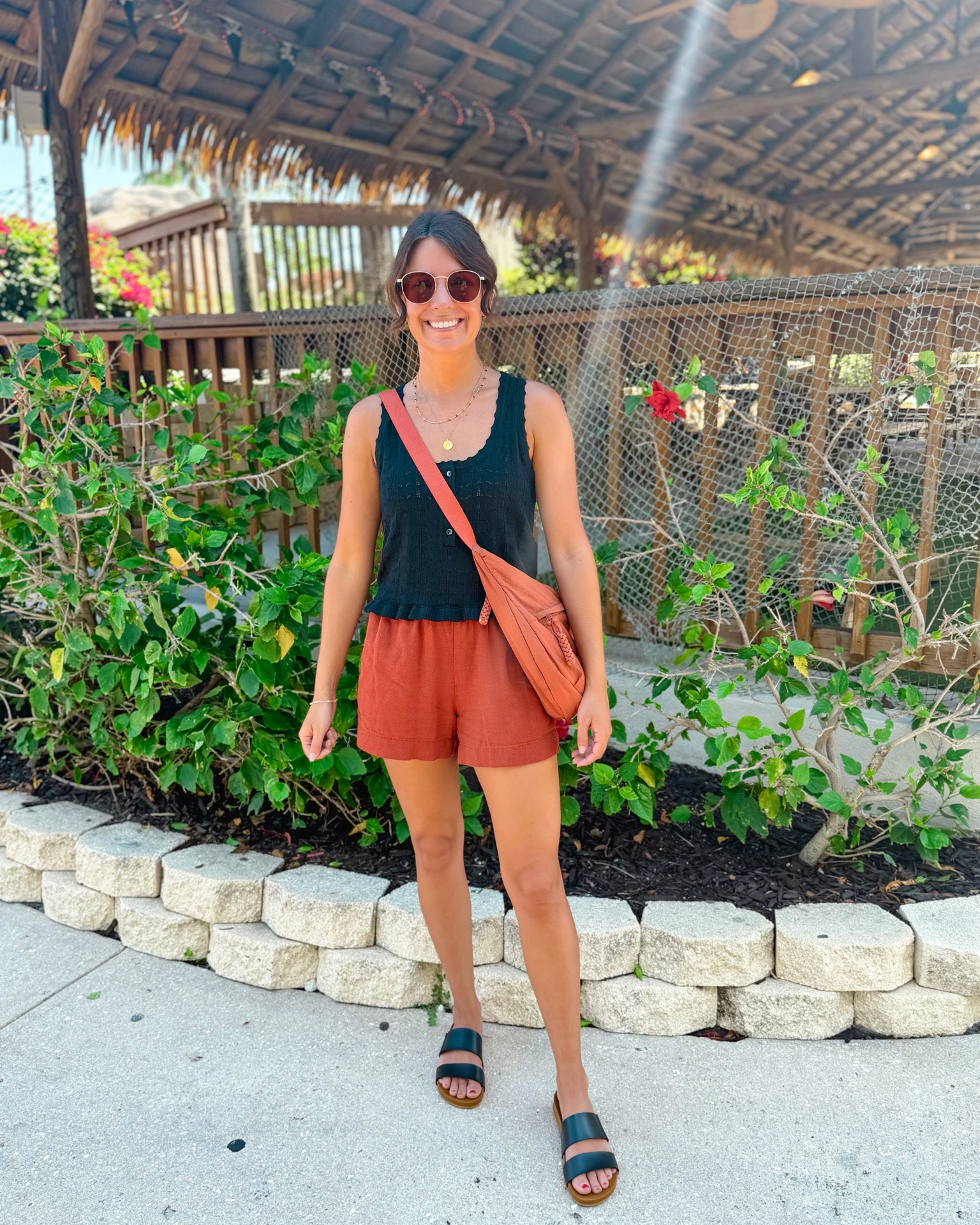 xs petite in my tank (mine is last year’s version! This year’s version has a full button front) and xxs in my linen shorts (I size down bc they stretch a bit with wear!). My reef sandals are size 6.

#LTKPetite #LTKgrwm #LTKootd