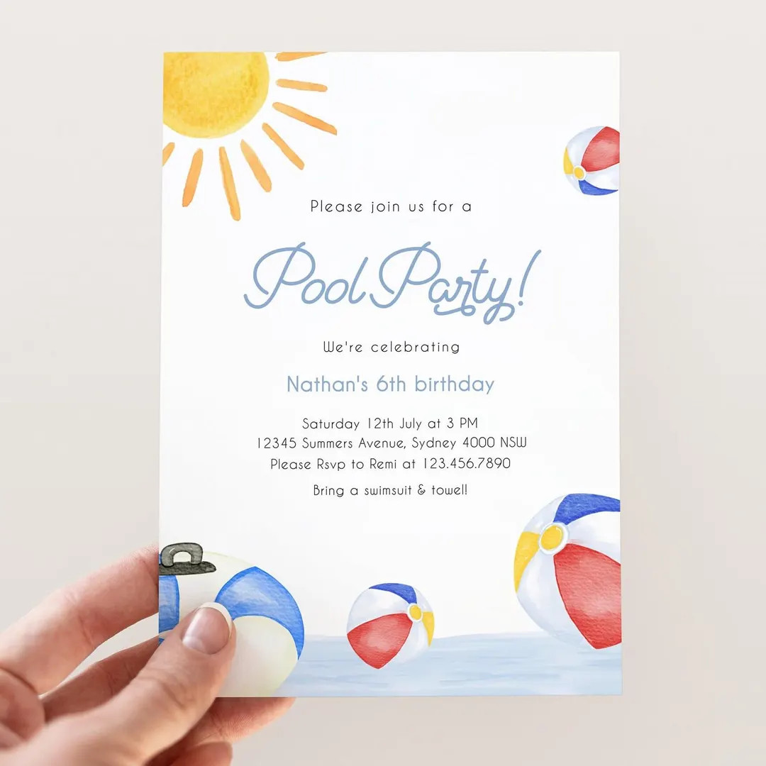 Pool Birthday Party Invitation, Editable Template, Minimalist Pool Float Beach Ball Invite, Summe... | Etsy (US)