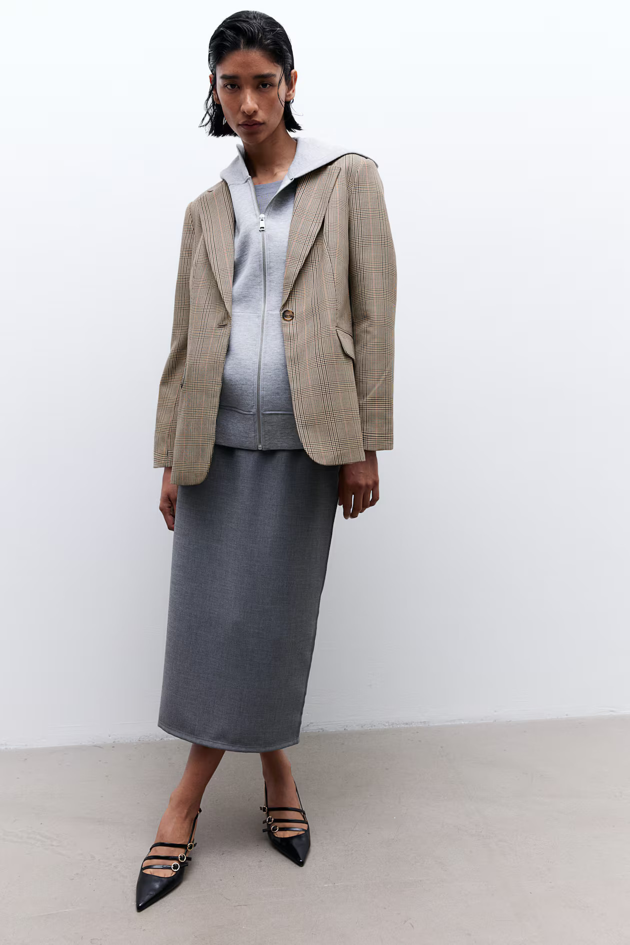 Single-Breasted Blazer - V-neck - Long sleeve - Beige/plaid - Ladies | H&M US | H&M (US + CA)