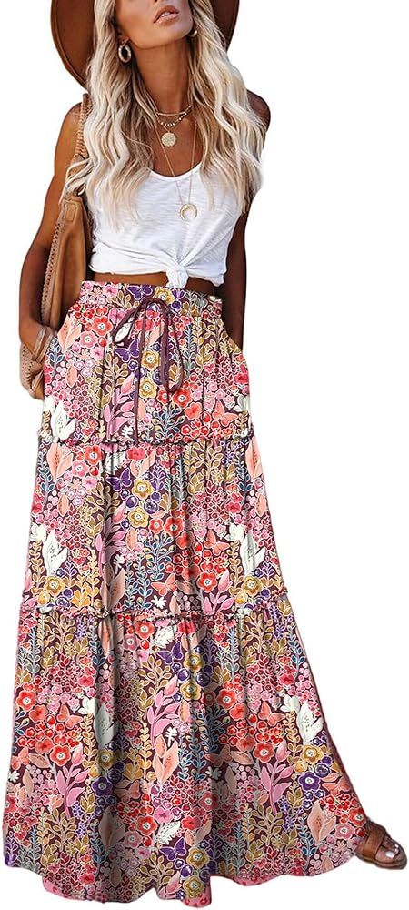Women's 2024 Summer Skirt High Waist Flowy A Line Boho Skirt Maxi Skirt with Pockets | Amazon (US)