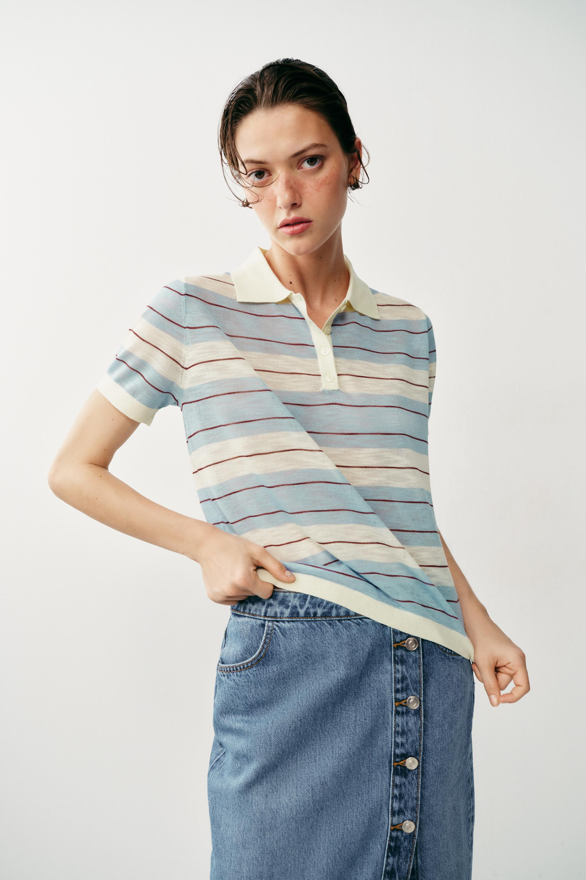 STRIPED KNIT POLO TOP | Zara US