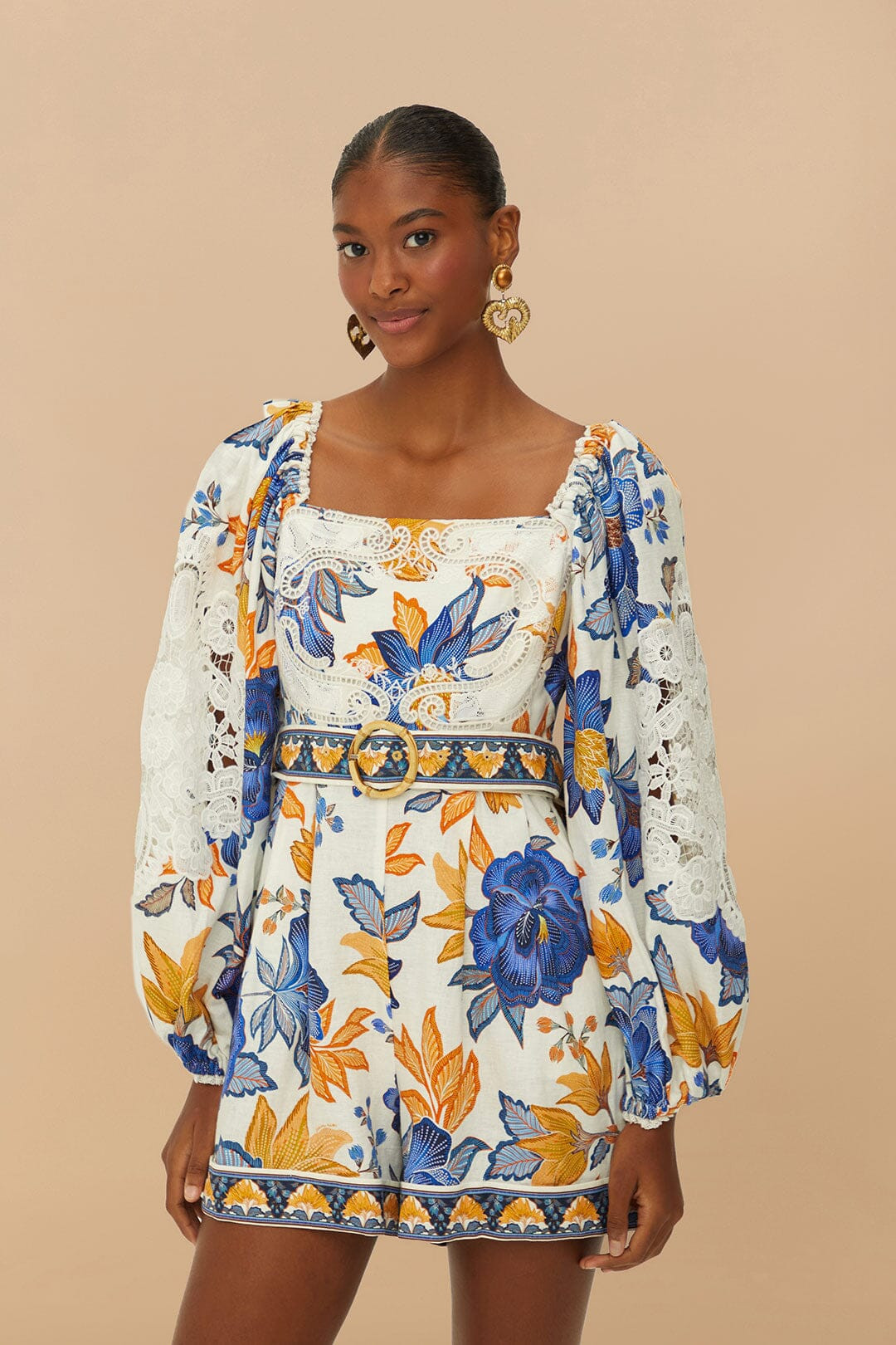 Off-White Summer Flowers LENZING™ ECOVERO™ Euroflax™ Romper | FarmRio (US)