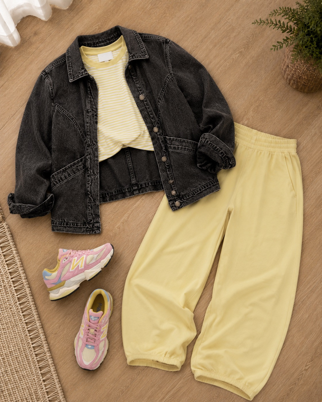 Athleisure done right! These buttery yellow sweatpants paired with a matching striped crop and an oversized black denim jacket are giving comfy-cool vibes. Those pink New Balance sneakers are the cutest pop of color. Perfect for travel days, coffee runs, or errands when you want to look put together but feel cozy! 

 #LTKootd #LTKmomlife #LTKActive