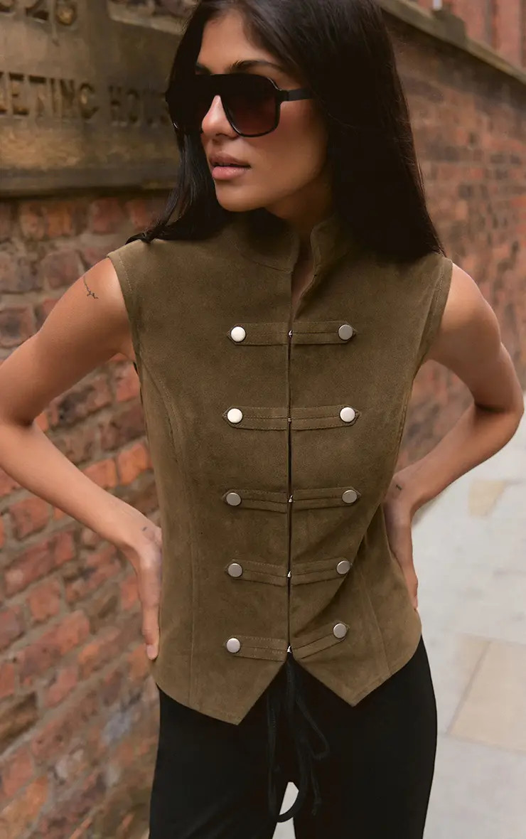 Khaki Faux Suede Military Style Button Gilet | PrettyLittleThing USA | PrettyLittleThing US