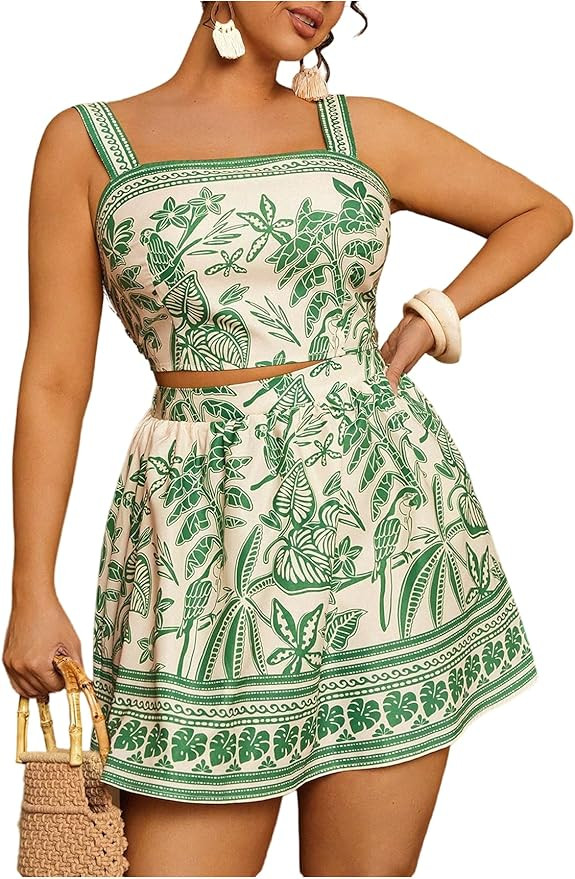 Floerns Women's Plus Size 2 Piece Summer Vacation Boho Outfit Tropical Camisole Top with Mini Ski... | Amazon (US)