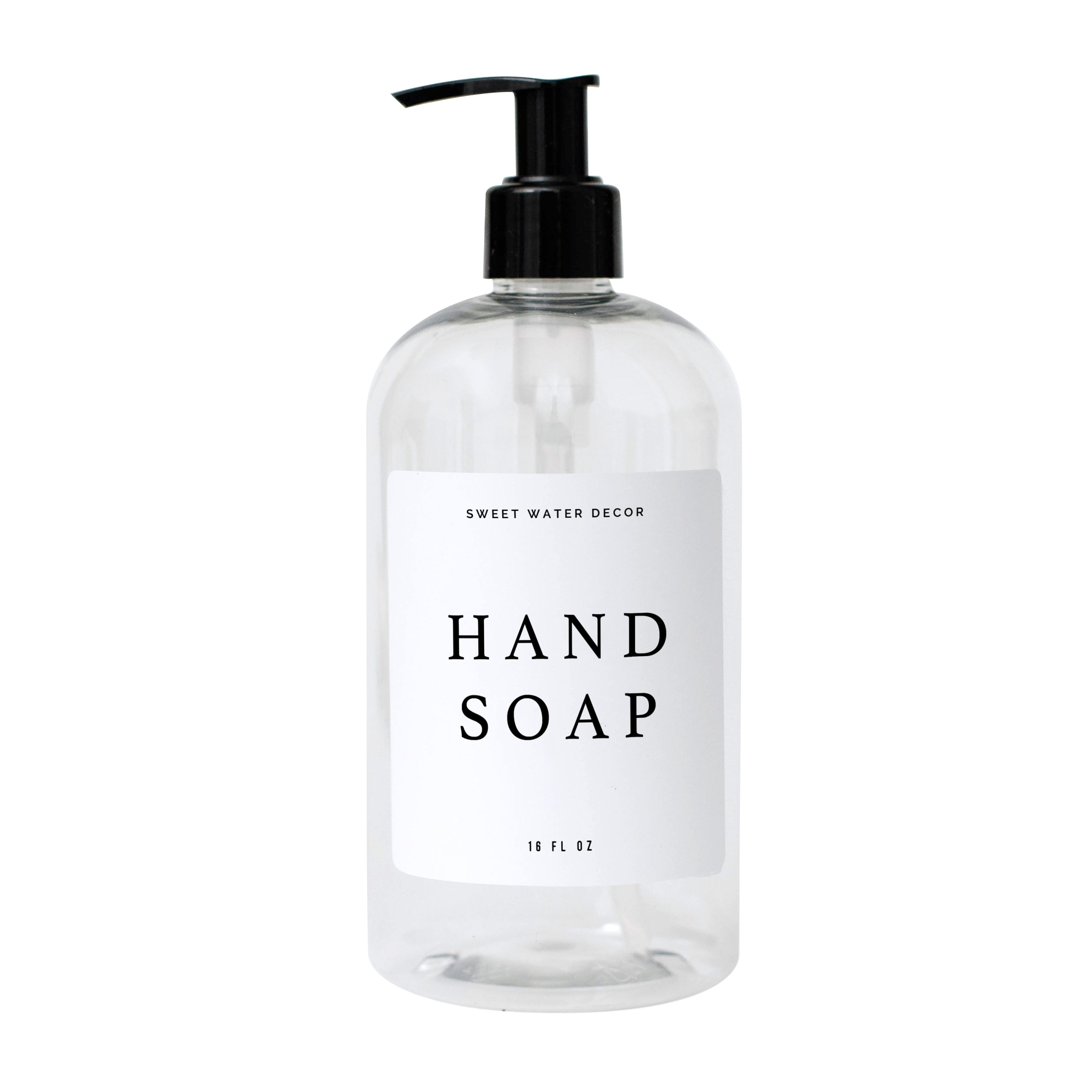 16oz Clear Plastic Hand Soap Dispenser - White Text Label | Sweet Water Decor, LLC