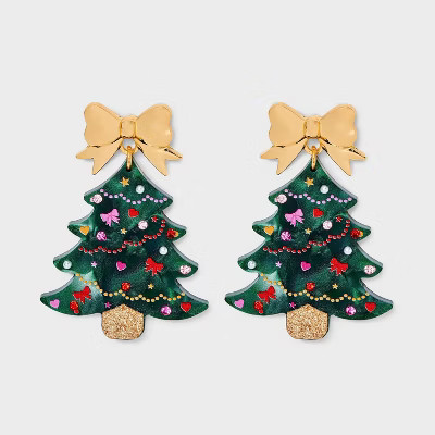 Christmas Tree and Bow Post Drop Earrings - Green | Target