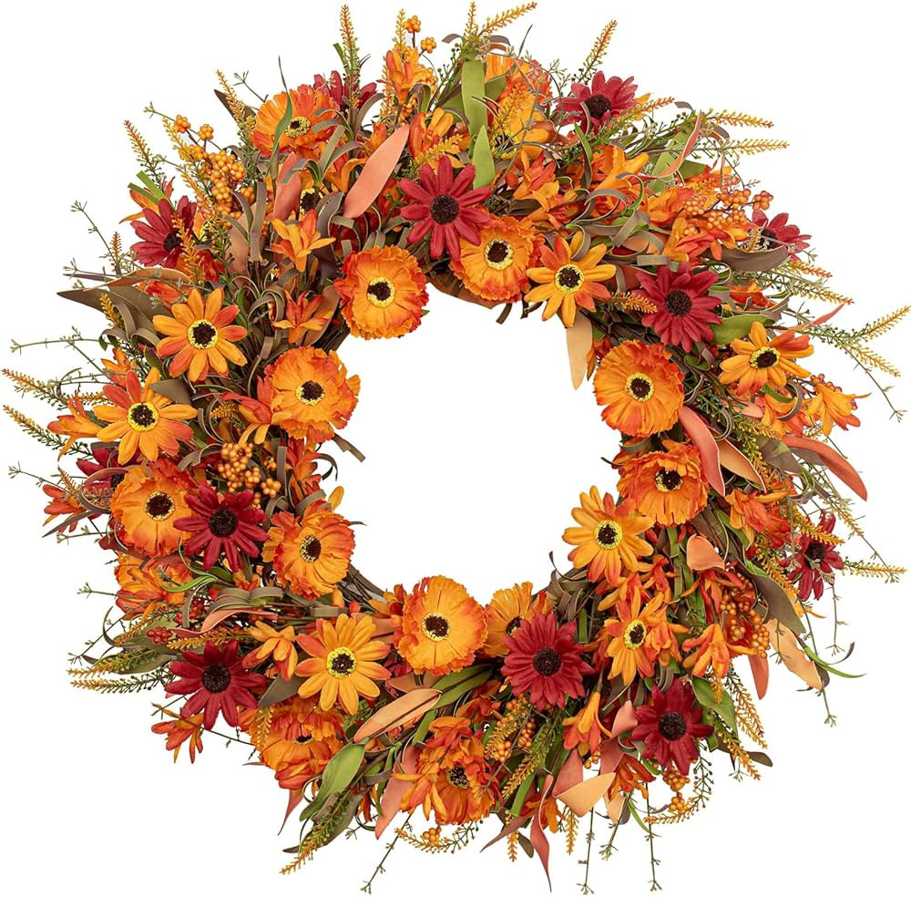 J'FLORU Artificial Fall Wreath 22 Inch Autumn Wreaths for Front Door Orange Daisy Wreath with Wil... | Amazon (US)