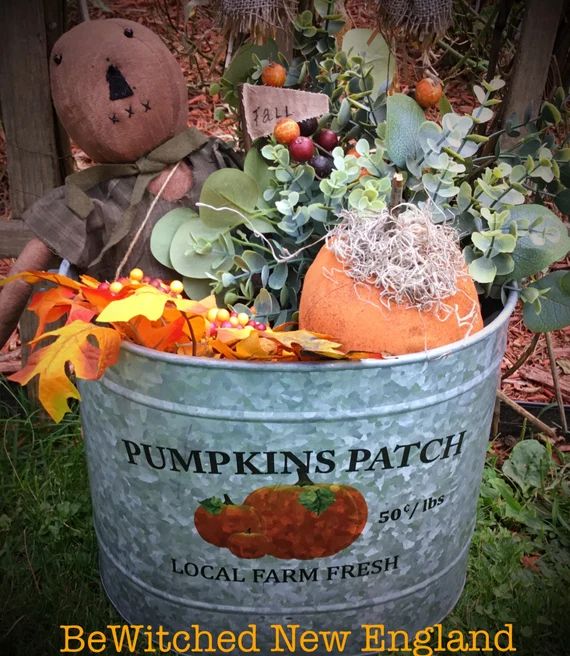 XXL Fall Rustic Farmhouse Galvanized Pumpkin Bucket Planter 12” | Etsy (US)