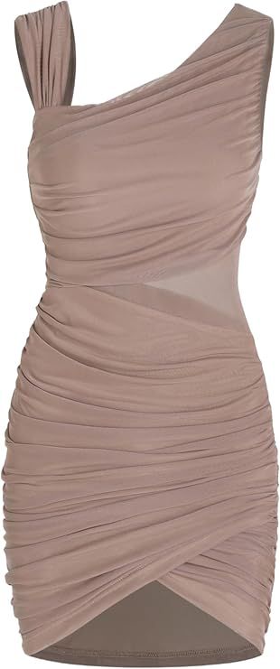 CIDER Solid Mesh Asymmetrical Neck Dress | Amazon (US)