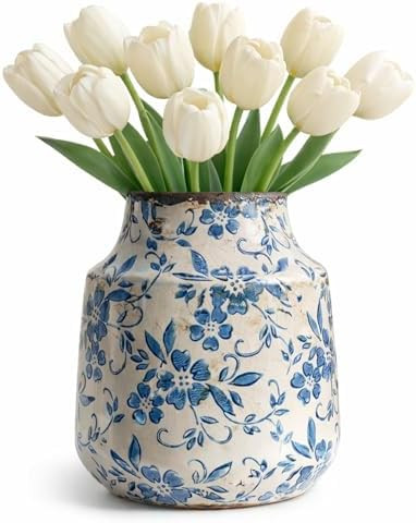 SincereLuxe Blue and White Ceramic Vase 7” – Vintage Floral Pottery Vase with Crackle Glaze F... | Amazon (US)