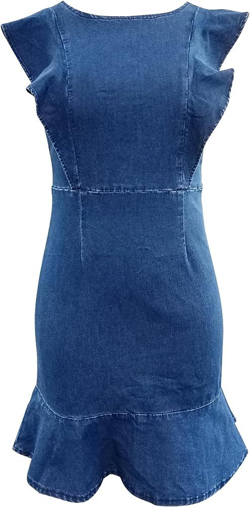 MYHALF Women's Casual Round Neck Ruffle Trim Sleeveless Denim A Line Mini Dress | Amazon (US)