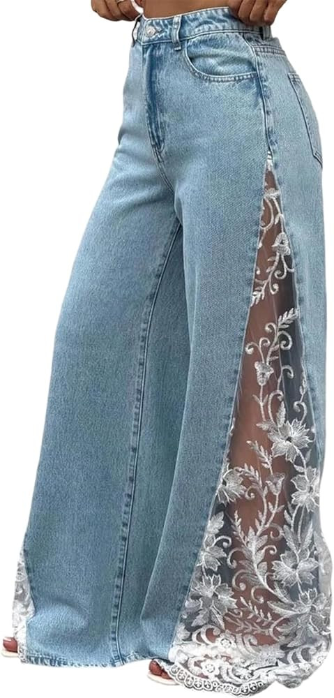 Womens Lace Floral Jeans Baggy Splicing Sexy Sheer Denim Pants | Amazon (US)