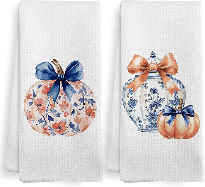 Fall Chinoiserie Pumpkin Kitchen Towels and Dishcloths Sets of 2, Preppy Bow Blue and White Pumpk... | Amazon (US)