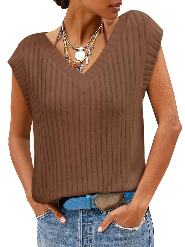 Cicy Bell Womens Ribbed Cap Sleeve Tank Tops V Neck Knit Summer Casual Shirts Lightweight Pullove... | Amazon (US)