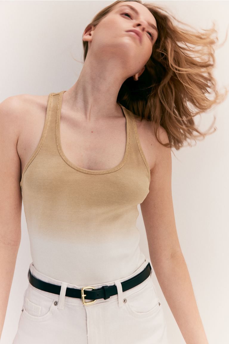 Ribbed Tank Top - Low-cut Neckline - Sleeveless - Beige/ombre - Ladies | H&M US | H&M (US + CA)