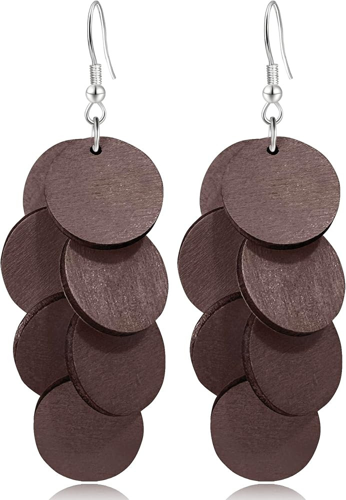 Handmade Bohemian Wooden Round Geometry Dangle Drop Earrings Long Chain Wood Disc Circle Hook Ear... | Amazon (US)