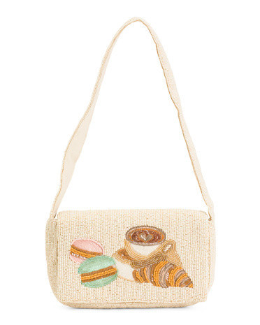 Beaded Coffee And Macron Shoulder Bag, Leather | TJ Maxx