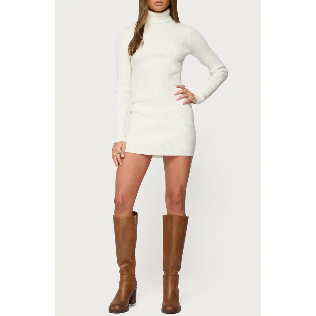EDIKTED Turtleneck Long Sleeve Rib Sweater Minidress in Cream at Nordstrom, Size Small | Nordstrom