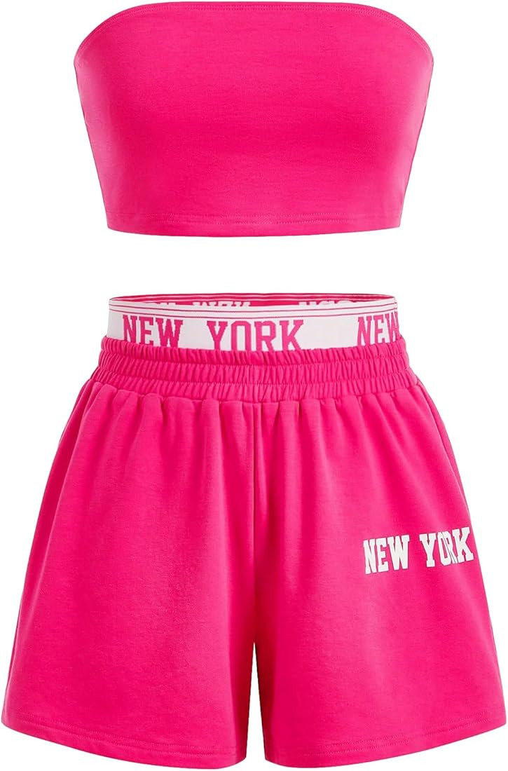 GORGLITTER Women's 2 Piece Outfit Strapless Knitted Crop Tube Top and Letter Print Shorts Set Tra... | Amazon (US)