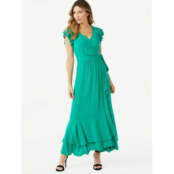 Sofia Jeans by Sofia Vergara Women's Wrap Maxi Dress with Layered Short Sleeves | Walmart (US)