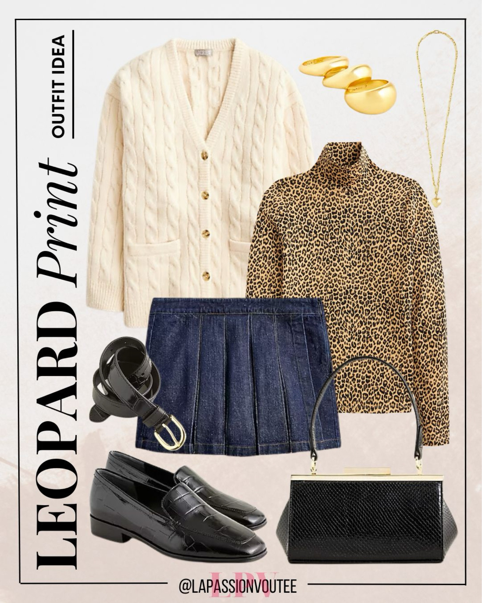 A chic leopard print turtleneck pairs perfectly with a cozy cable knit cardigan and a denim mini skort. Complete the look with a heart pendant necklace, stylish ring set, classic belt, and loafers for a trendy yet effortless outfit!

#LTKStyleTip #LTKSeasonal #LTKFallSale