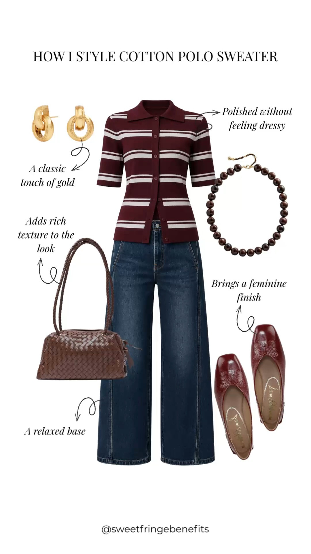 I like the idea of a polo sweater with jeans because it feels a little more pulled together without trying too hard. The burgundy and cream stripes with the dark denim make this one feel especially easy.

#LTKootd #LTKPetite #LTKOver40