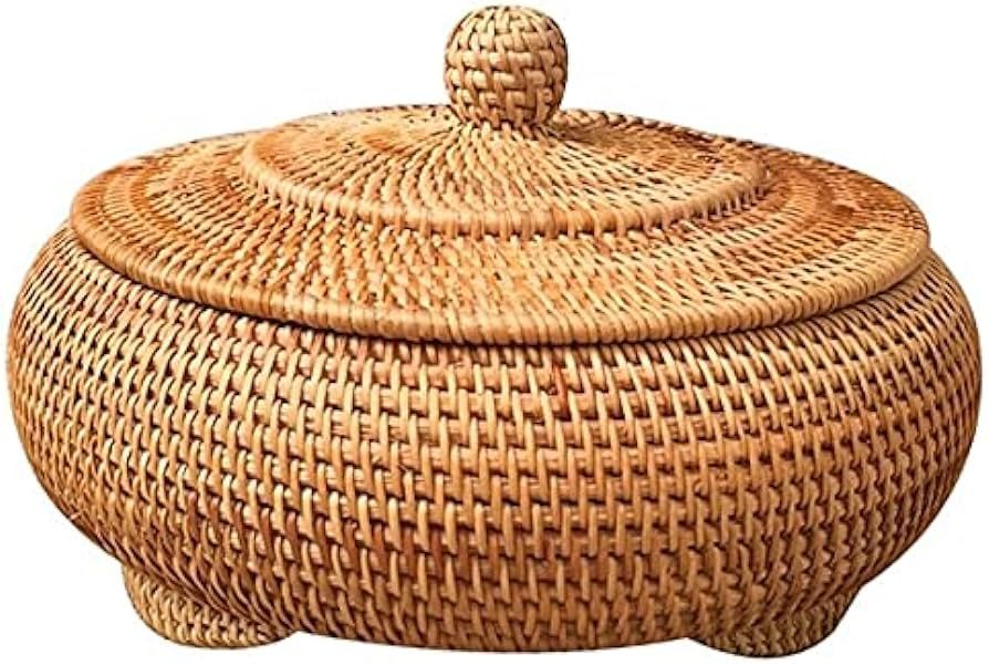 Round Rattan Boxes with Lid Hand-Woven Multi-Purpose Wicker Tray 11 Inch Picnic Food Bread Table ... | Amazon (US)