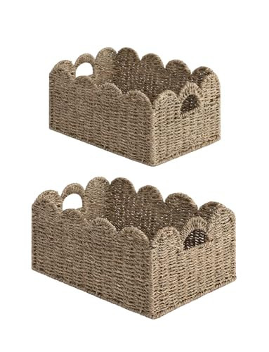 StorageWorks Scalloped Edge Wicker Basket, Hand-woven Rattan Baskets with Built-in Handles, Seagrass Basket for Organizing and Decor, 2 Pack | Amazon (US)