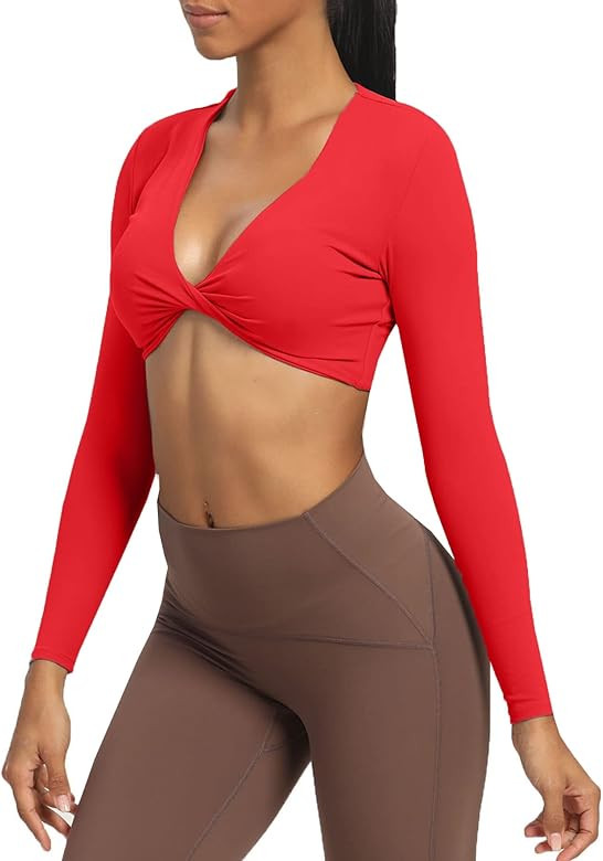 Aoxjox Long Sleeve Crop Tops for Women Sienna Twist Deep V Workout Cropped T Shirt Top | Amazon (US)