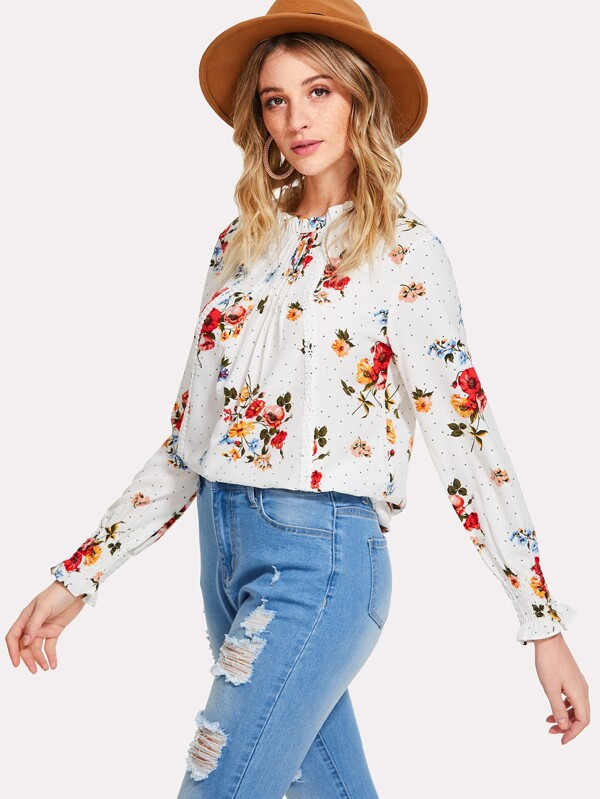 Frilled & Pleated Neck Smocked Cuff Floral Top | SHEIN