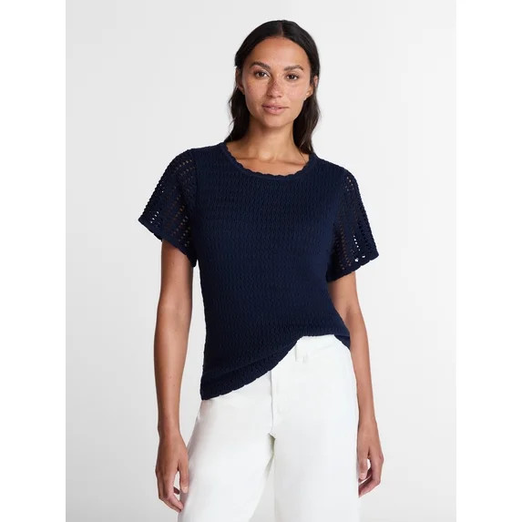 Time and Tru Women's Textured Crewneck Sweater with Short Sleeves, Lightweight, Sizes XS-XXXL | Walmart (US)