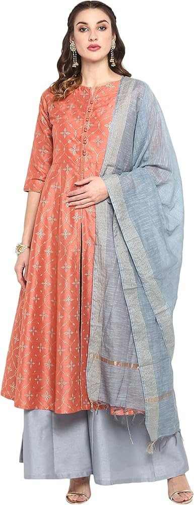 Janasya Women's Peach Printed Poly Silk Kurta With Palazzo And Dupatta | Amazon (US)