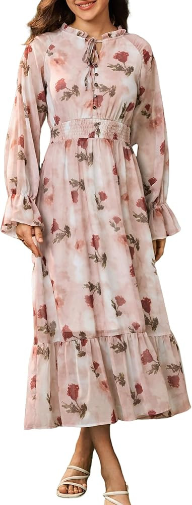 Women's Floral Boho Midi Dress 2025 Spring Fall Long Sleeve V Neck Chiffon A-Line Flowy Party Dre... | Amazon (US)