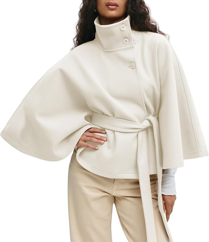 Ainangua Womens Batwing Sleeve Poncho Peacoat Oversized Stand Collar Belt Cape Coat Jacket Cloak ... | Amazon (US)