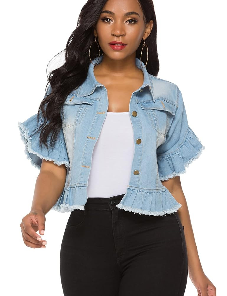 Suvimuga Women's Denim Jacket Button Down Distressed Ruffle Sleeve Crop Jean Jackets Coat | Amazon (US)