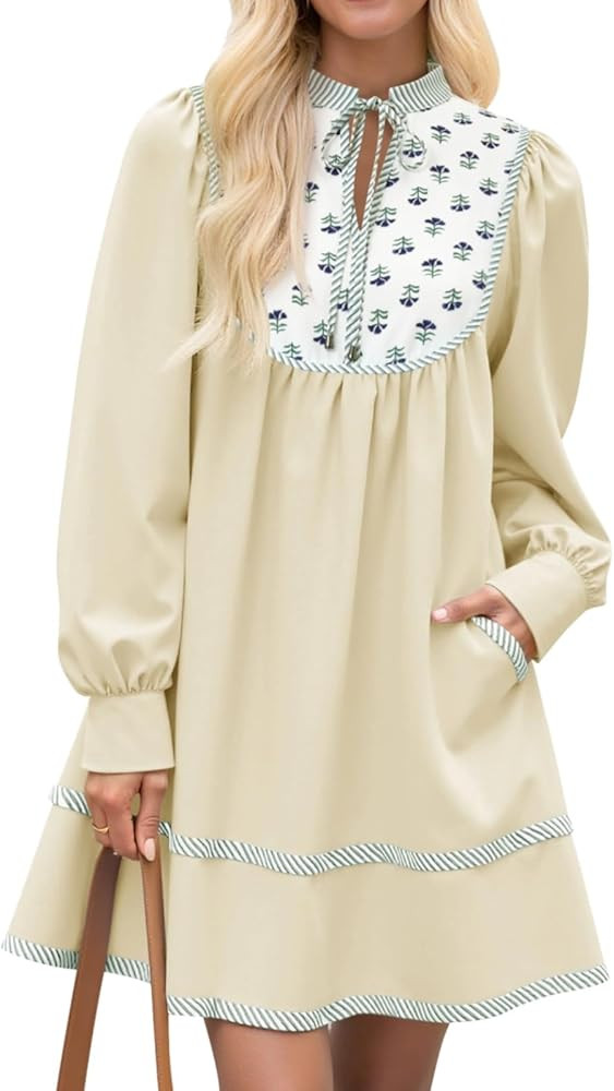 Wenrine Womens Casual Floral Mini Dress 2025 Fall Long Sleeve V Neck Patchwork Loose Boho Shirt D... | Amazon (US)