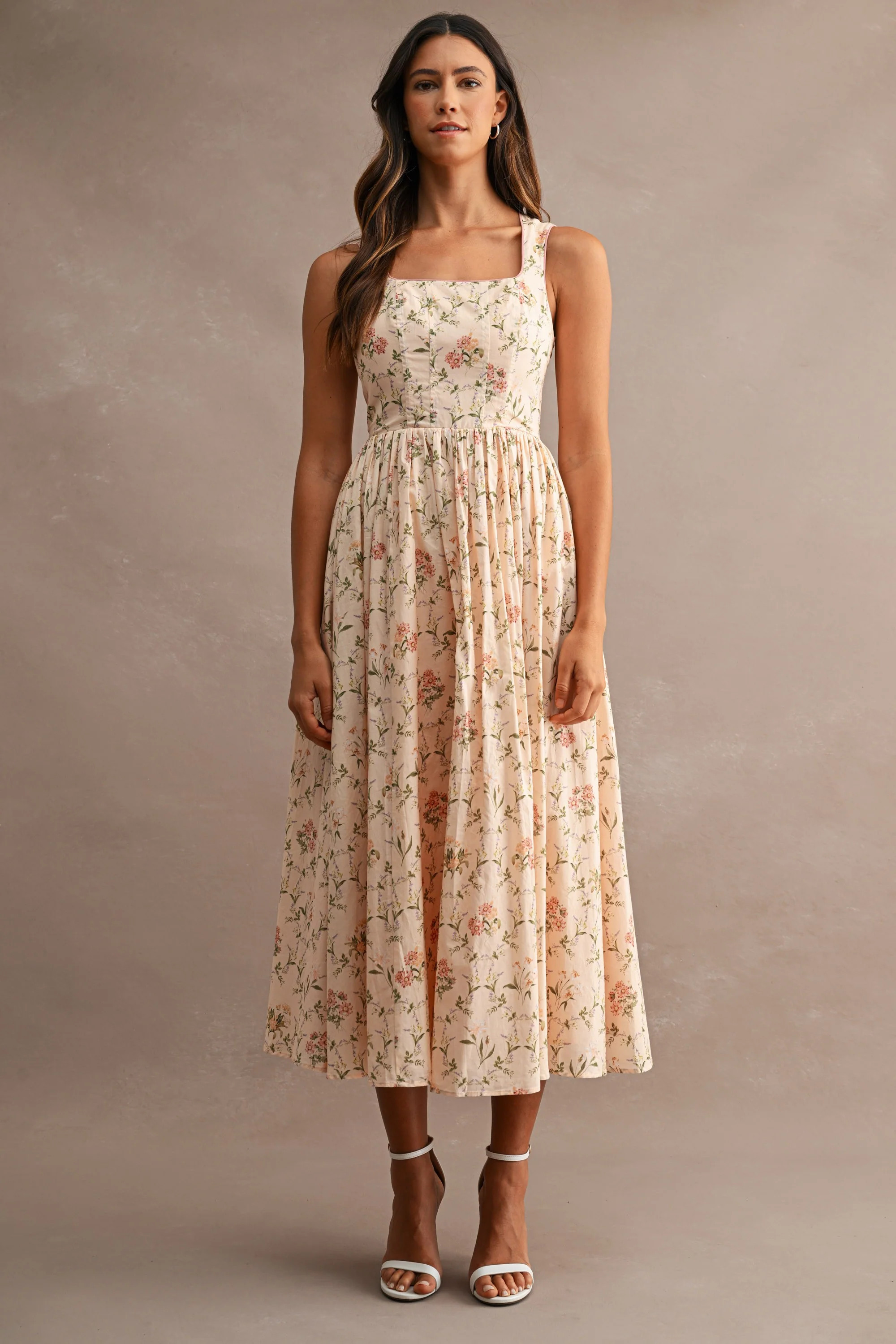 Peach Floral Sleeveless Square Neck Midi Dress - Small | PinkBlush Maternity