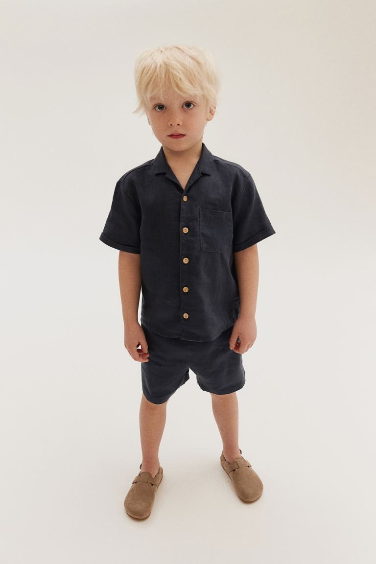 2-piece Linen Set - Regular waist - Short sleeve - Navy blue - Kids | H&M US | H&M (US + CA)