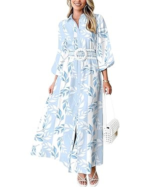 Floral Dress for Women 2026 Summer Boho Maxi Dresses Casual Long Sleeve Button Down Tie Waist Shi... | Amazon (US)