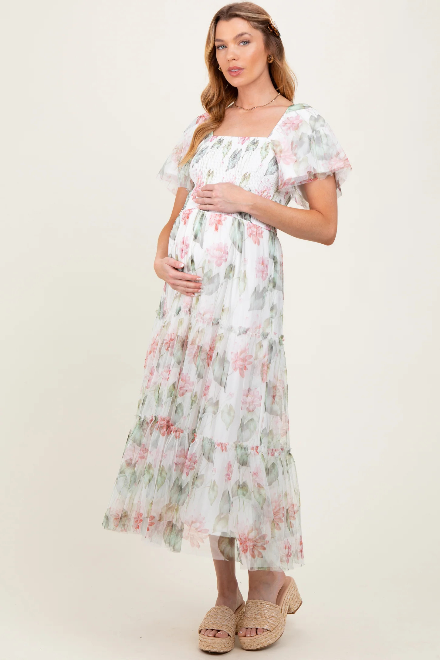 Ivory Floral Mesh Smocked Maternity Midi Dress | PinkBlush Maternity