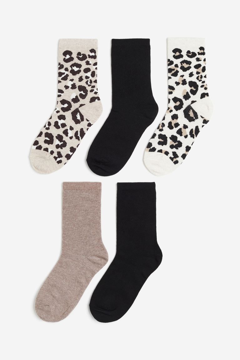 5er-Pack Gerippte Socken - Beige/Leopardenprint - Ladies | H&M DE | H&M (DE, AT, CH, NL, FI)
