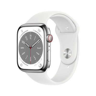 Apple Watch Series 8 GPS + Cellular 45mm Silver Stainless Steel Case with White Sport Band - M/L | Target