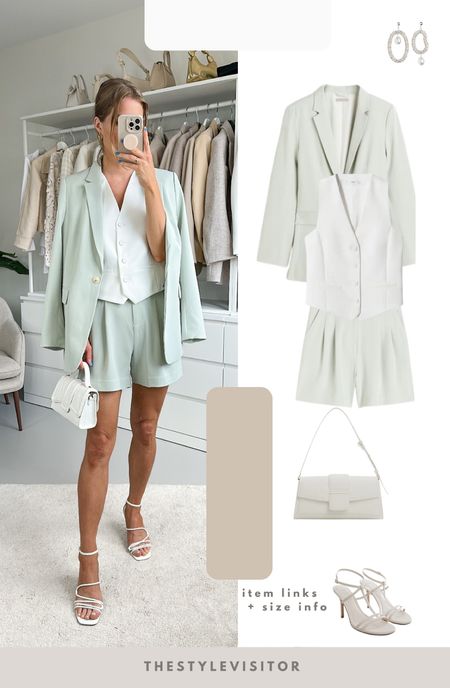 Pastel green suit with shorts (32, tts), blazer (xs, sized down) and white waistcoat (xs, would advice sizing up, runs a tad small). Would wear this to as a wedding guest outfi if you’re not into dresses. Read the size guide/size reviews to pick the right size.

Leave a 🖤 to favorite this post and come back later to shop

#suit #shorts #high waisted shorts 

#LTKSeasonal #LTKwedding #LTKstyletip