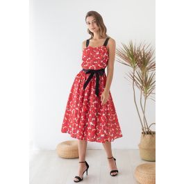 Enchanting Red Rose Bowknot Ruched Cami Dress | Chicwish