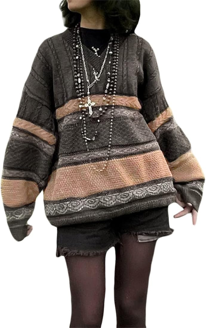 Women Y2K Argyle Striped Pullover Sweater Casual Long Sleeve Round Neck Vintage Preppy Style Pull... | Amazon (US)