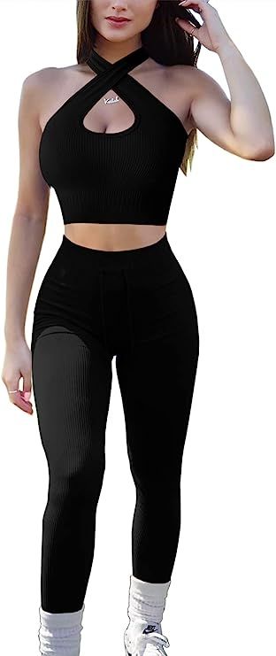 QINSEN Workout Sets for Women 2 Piece Seamless Ribbed High Waist Legging with Spor Bra GMY Exerci... | Amazon (US)