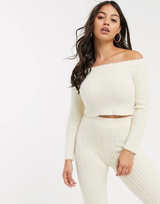 ASOS DESIGN Petite Lounge two-piece off shoulder ribbed sweater in fluffy yarn | ASOS (Global)