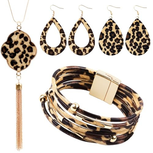 REDANHA 4 Pieces Leopard Jewelry Set Earrings Bracelets Necklace Multilayer Leather Cuff Bracelet Long Tassel Leopard Print Pendant Necklace Teardrop Dangle Earrings for Women | Amazon (US)